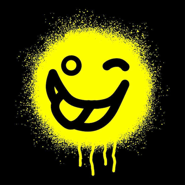 Smiley emoticon stencil graffiti met een tong uitgestoken met gele spuitverf op zwarte achtergrond