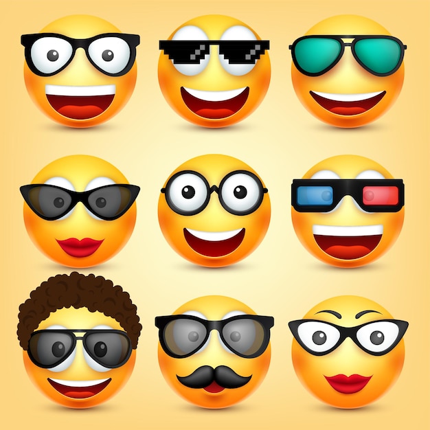 Smiley emoticons set faccia gialla con emozioni espressione facciale d emoji realistiche cartone animato divertente