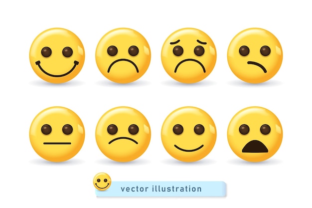 Smiley face icons or yellow emoticons with emotional funny faces in glossy 3d realistic isolated vector illustration