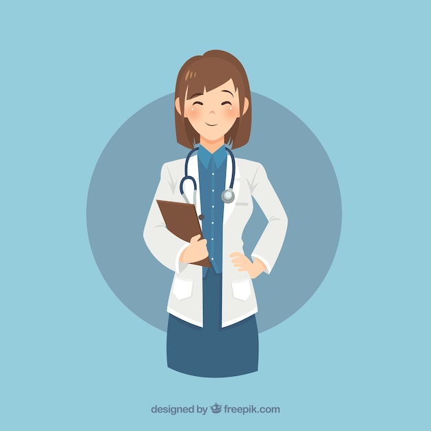 Smiley female doctor with clipboard and stethoscope