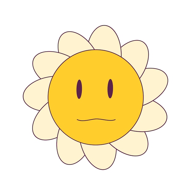 Vector smiley flower face y2k inspired icon retro funny daisy sticker trippy vintage yellow face in petals