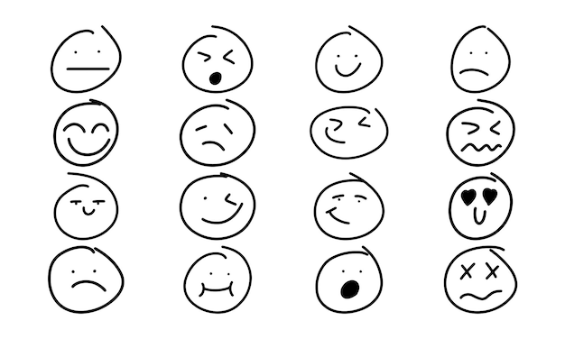 Smiley hand drawn face doodle icon and freehand smile Emoticon sign sketch and symbol expression