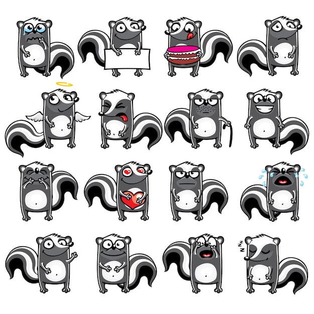 Vector smiley skunks individually grouped for easy copy-n-paste.