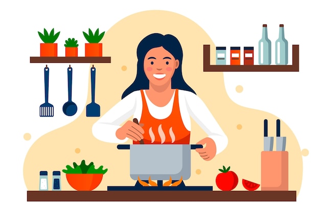 Vector smiley woman cooking in the kitchen