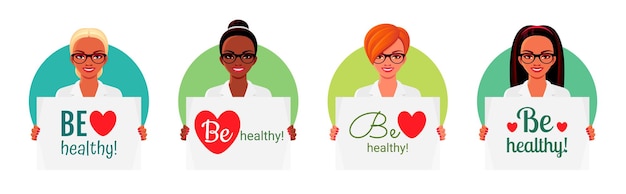 Vector smiling african american and european nurses or doctors holding posters with text be healthy