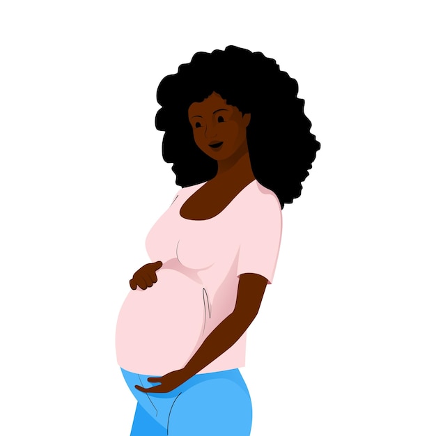 笑顔のアフリカ系アメリカ人の妊娠中の女性巻き毛で腹を優しく抱きしめています