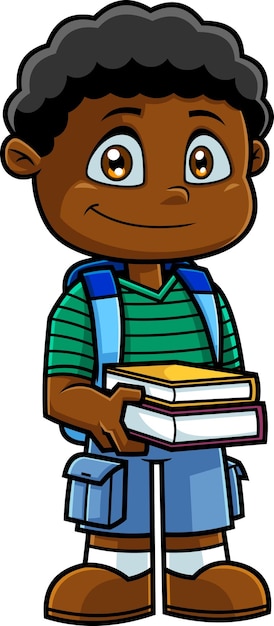 バックパックと笑顔のアフリカ系アメリカ人の学校の少年漫画のキャラクターは、教科書を保持します。