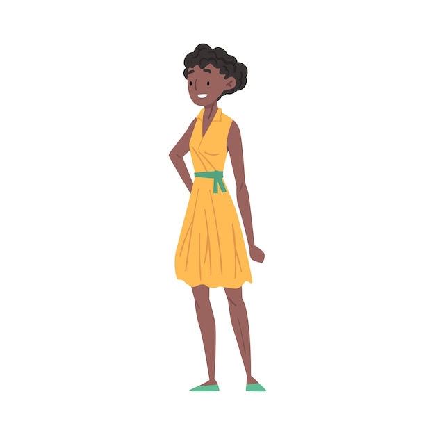 벡터 smiling african american teenage girl wearing yellow dress happy schoolgirl classmate or friend positive character cartoon style vector illustration