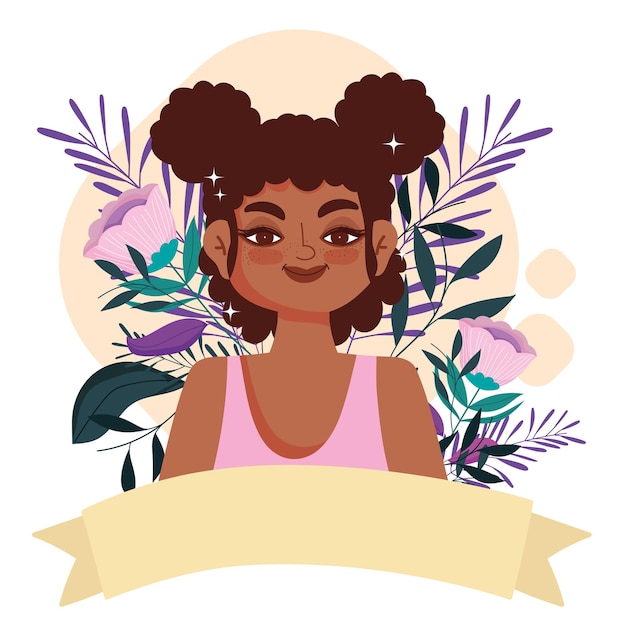 Vector smiling afro american woman character with blowers and ribbon