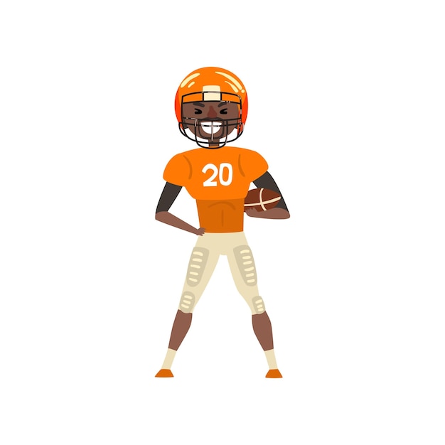 Vector smiling american football player wearing uniform standing with ball vector illustration isolated on a white background