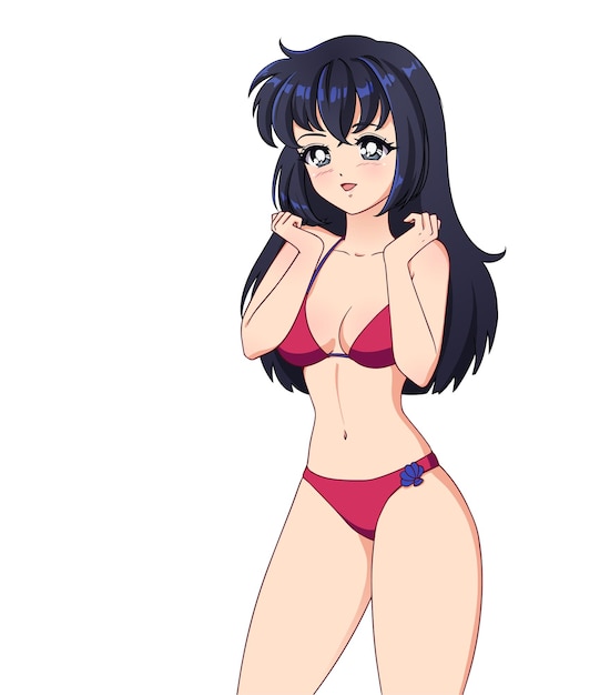 Vector smiling anime manga girl with black hair wearing pink swimsuit with cute paw hands isolated on white background