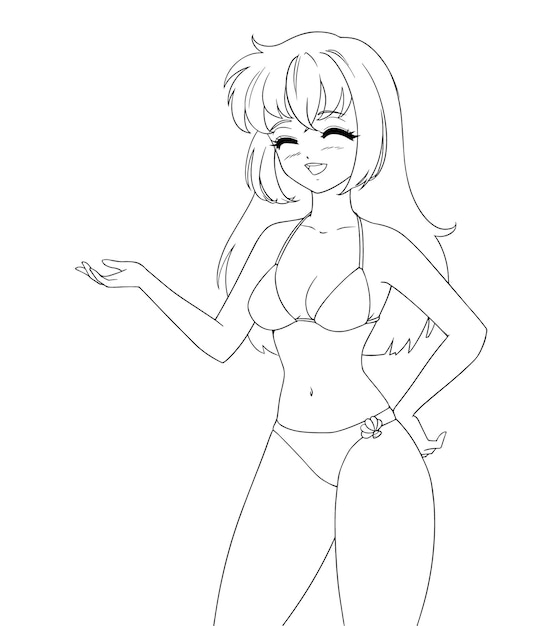 Smiling anime manga girl with closed eyes wearing swimsuit