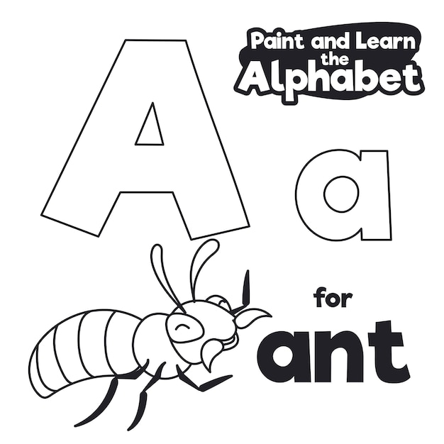 색칠할 준비가 된 교훈적인 알파벳으로 알파벳 'A'를 가르치는 웃는 개미