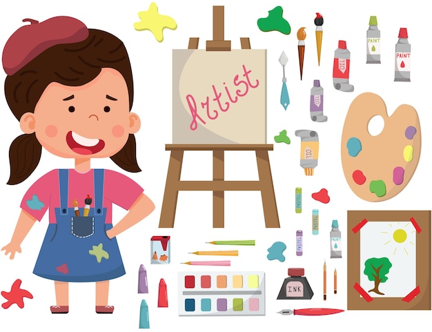 Smiling artist girl kid painting picture on canvas on easel  Collection of art ellements