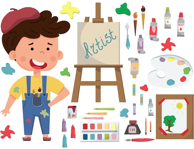 Smiling artist girl kid painting picture on canvas on easel. Genius painter student learning and mastering paint. Child art education. Flat vector isolated character illustration. Collection of art