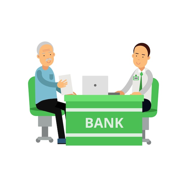 Smiling bank employee advises client Old man and young guy sitting behind desk Banking and finance concept Cartoon people characters Vector illustration in flat style isolated on white background