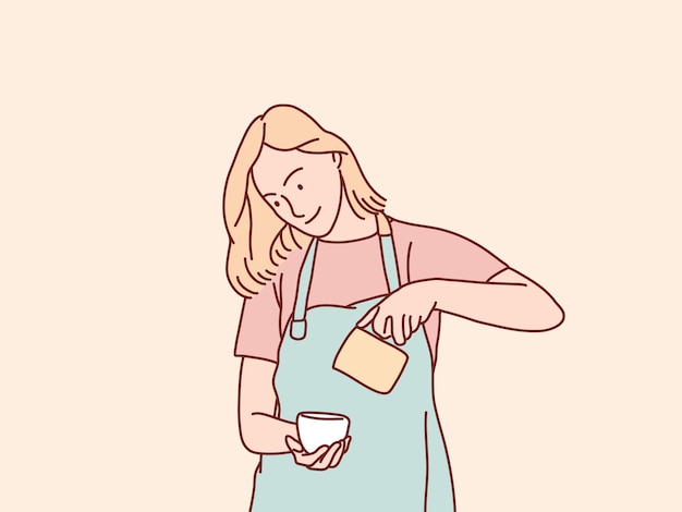 La donna sorridente del barista che serve il caffè versa il latte in una tazza di caffè semplice stile coreano illustrazione