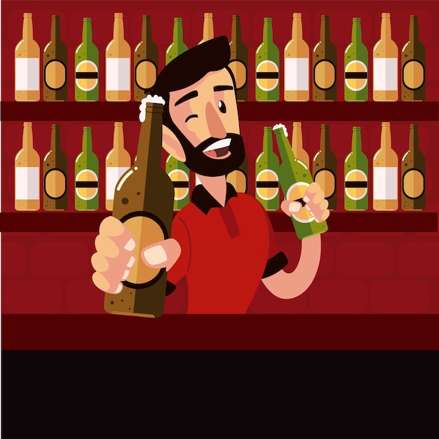 Вектор Улыбающийся бармен держит пивные бутылки на иллюстрации барной стойки