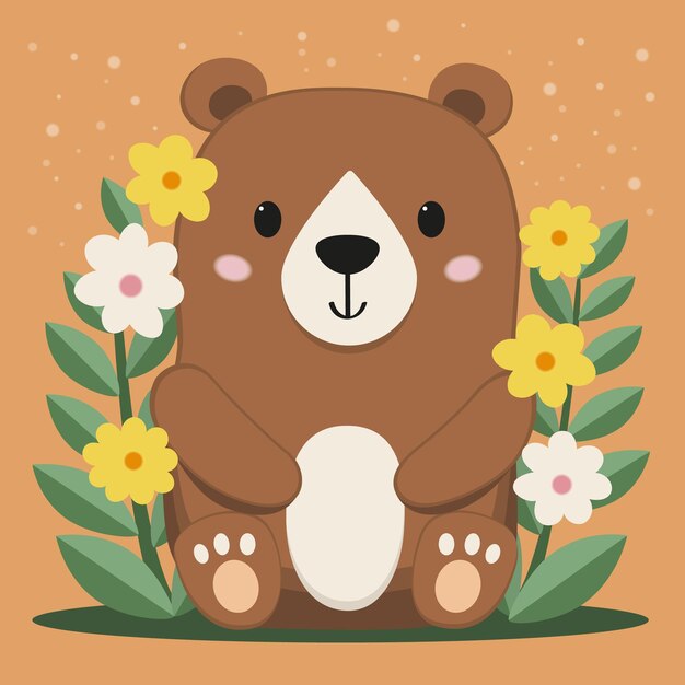 Vector a smiling bear sits on a lawn among blooming flowers