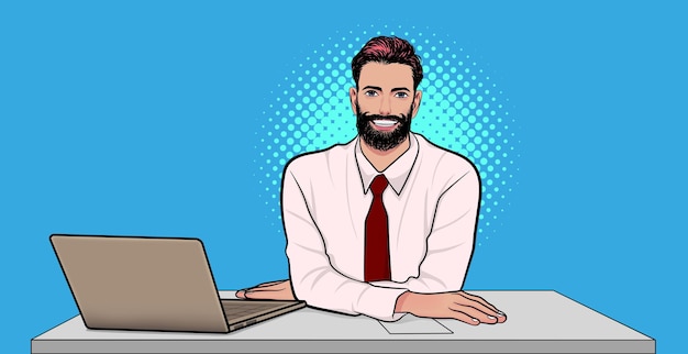 Улыбающийся бородатый бизнесмен сидит с ноутбуком в стиле поп-арт в стиле комиксов