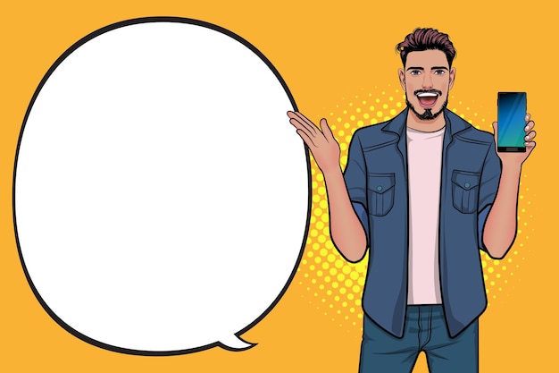 Smiling bearded man holding smartphone present something with speech bubble  Pop Art Comic Style
