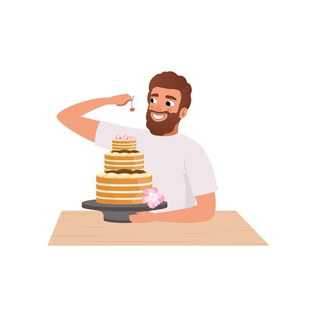 Vector smiling bearded man making a cake young man in casual clothing and apron preparing healthy meal in kitchen vector illustration on a white background