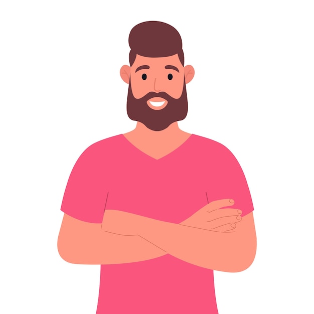 Vector smiling bearded man in pink tshirt keeping arms crossed cartoon character vector illustration