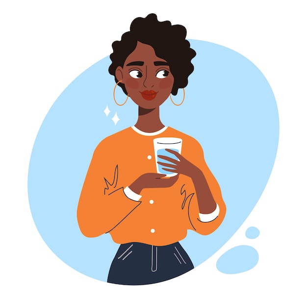 smiling beautiful black woman with a glass of water in her hands