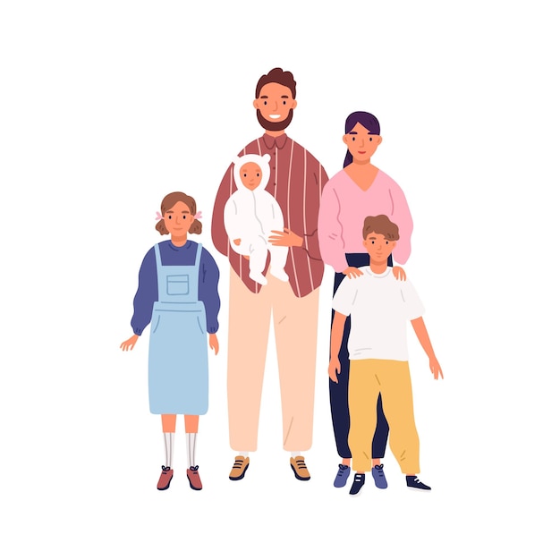 Vector smiling big family portrait vector flat illustration. happy mother, father and three children standing isolated on white background. parents, son, daughter and baby together.