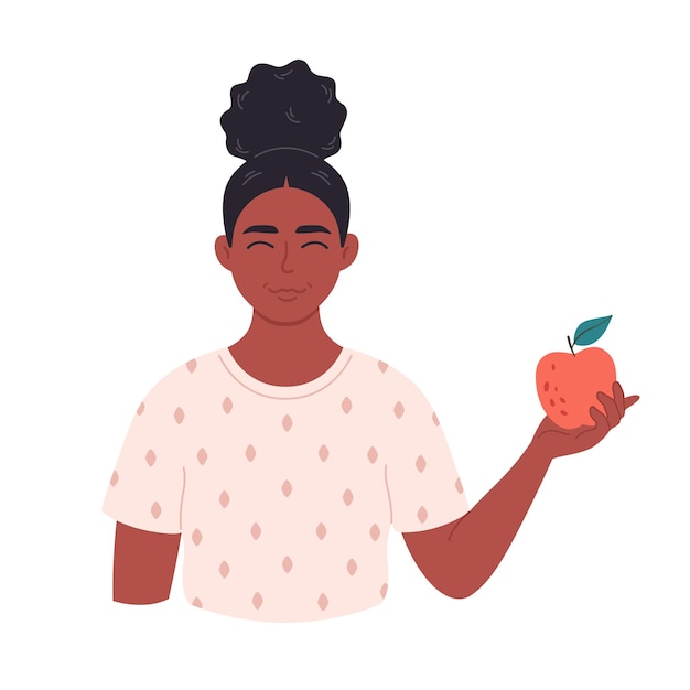 Vector smiling black woman with apple healthy food proper nutrition vegetarian vegan