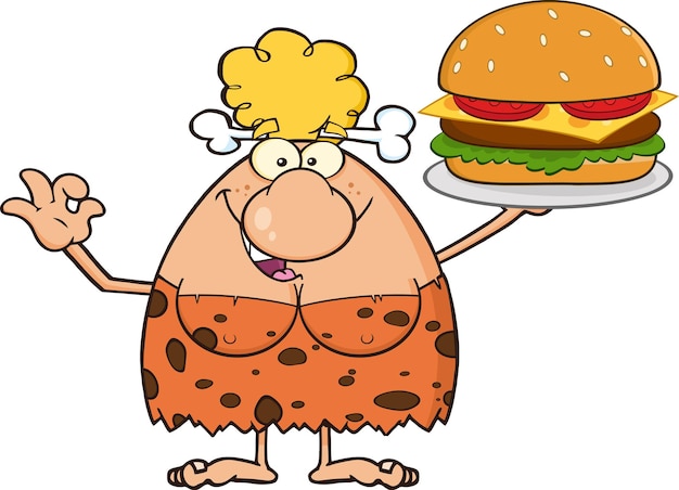 웃는 금발 동굴 여자 만화 마스코트 캐릭터 큰 햄버거를 들고 확인 몸짓