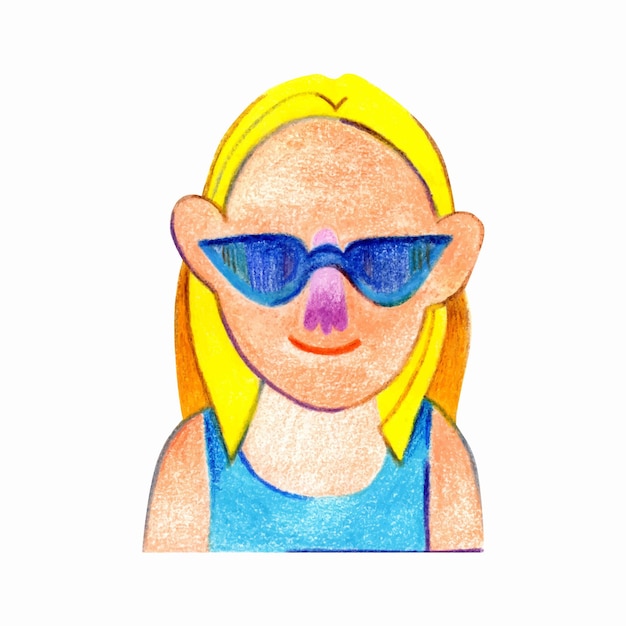 Vector smiling blonde in modern blue sunglasses a pretty woman from the north handdrawn illustration with colored pencils in the style of doodles isolated for postcards banners designer tshirts