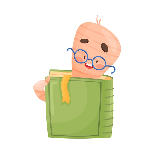 Smiling bookworm peeped out from book cover vector illustration