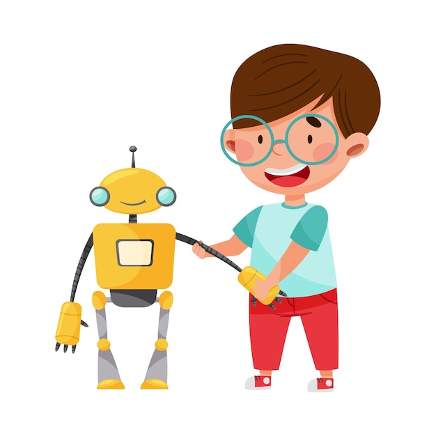 smiling boy character engineering and configurating robot vector illustration