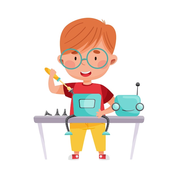 Smiling Boy Character Engineering en Configuring Robot Vector Illustratie