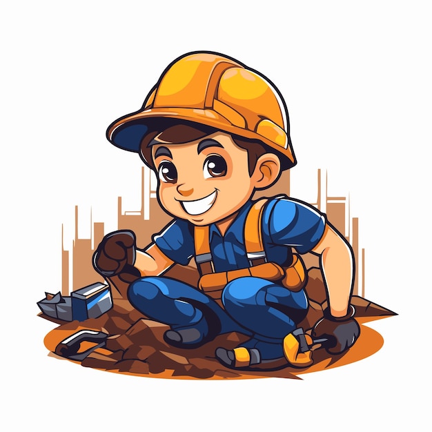 Smiling boy construction worker in helmet and overalls Vector illustration