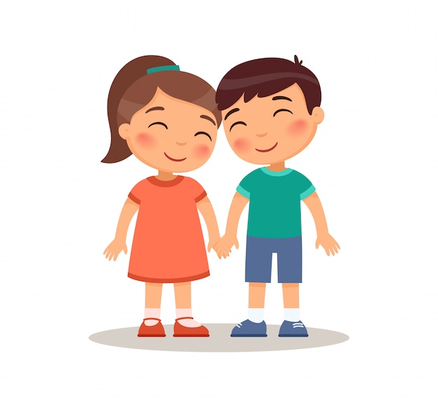 Smiling boy and girl kids holding hands. Childhood friendship concept.  Love and romance.  Children cartoon characters. Flat vector illustration, Isolated on white background