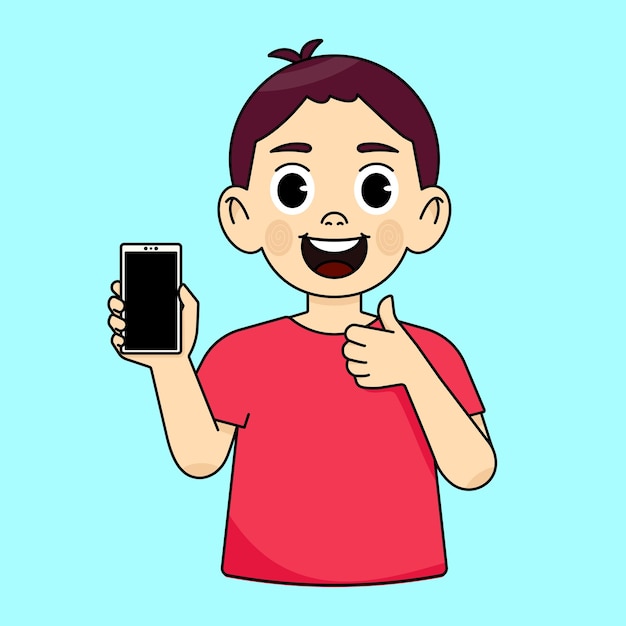 Smiling boy holding and showing a blank smartphone screen and giving a thumbs up Recommends