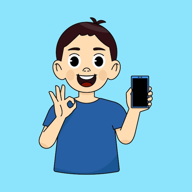 笑顔の少年が空のスマートフォンの画面を握って示しOKのサインを作りますあなたのブランドを推奨します
