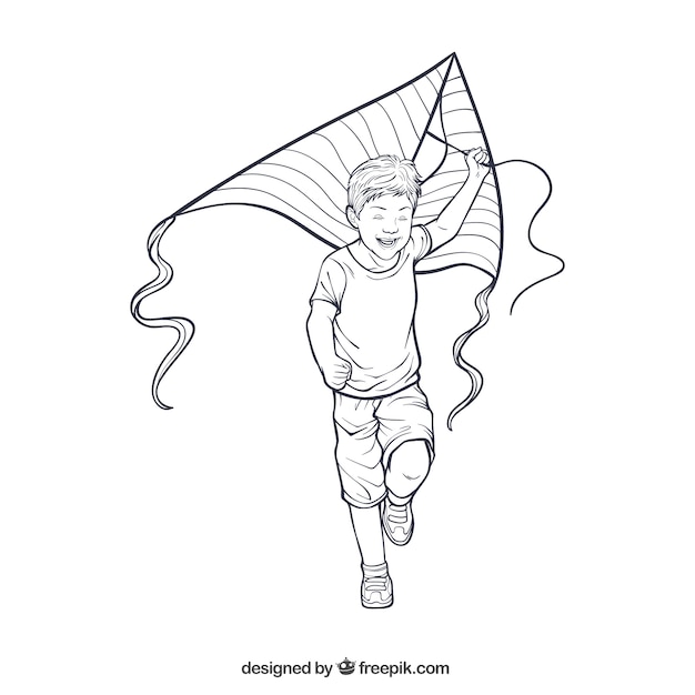 Vector smiling boy playing with his kite