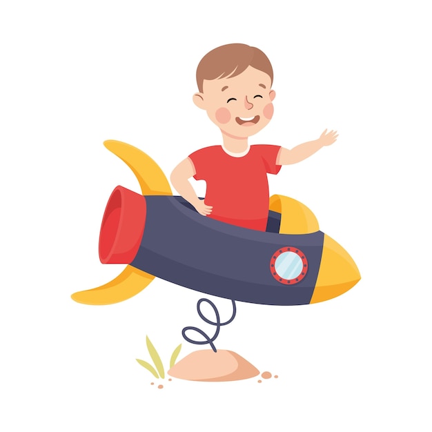 smiling boy riding rocket carrousel playing and having fun vector illustration