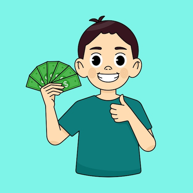 Smiling boy showing cash and showing thumbs up