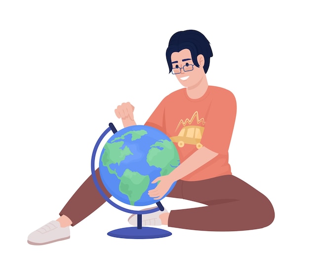 Smiling boy studying world globe semi flat color vector character