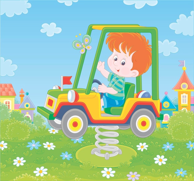 Vector smiling boy on a toy car swing on a playground in a summer park of a pretty town