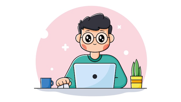 Smiling boy working on laptop with coffee cup and plant