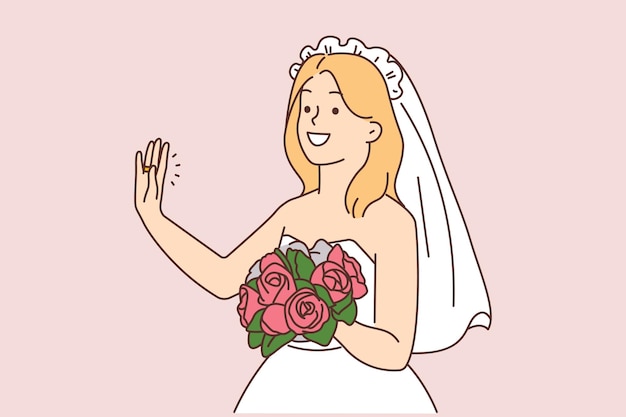 Smiling bride with bouquet in hands