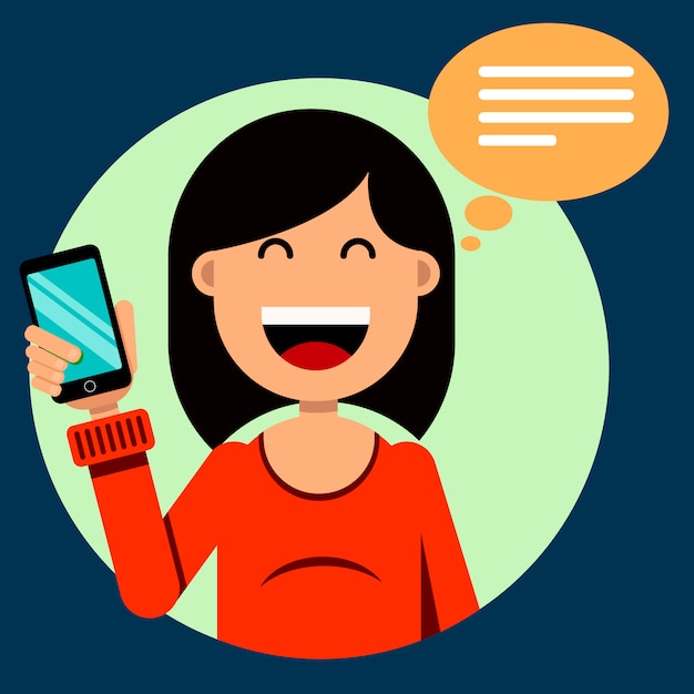 Vector smiling brunette girl holding smartphone