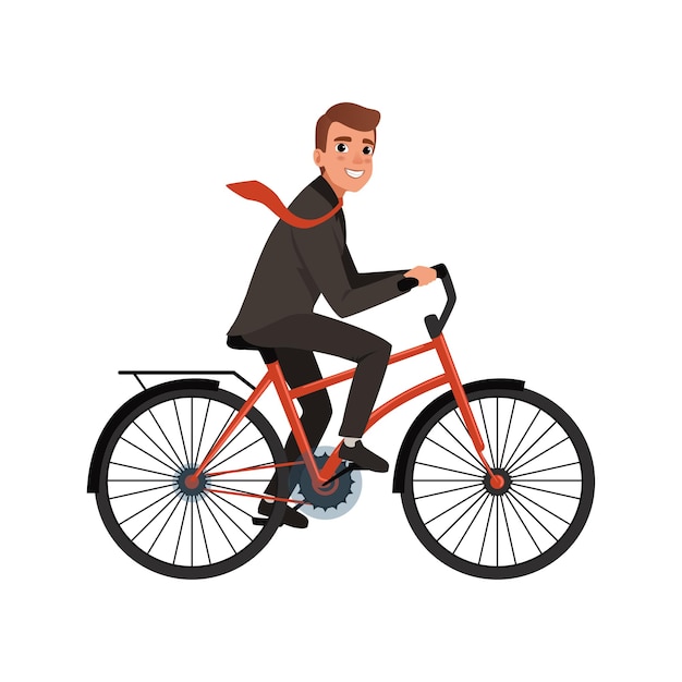 Smiling business man riding bicycle to work Ecofriendly transportation Cartoon character of young office worker in classic black suit Flat vector design