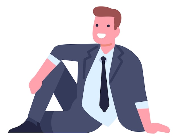 Smiling business man sit on ground happy office character