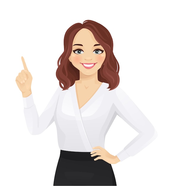 Vector smiling business woman pointing up isolated vector illustration